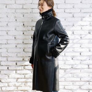 Women's Black Faux leather and Fur Trim Coat